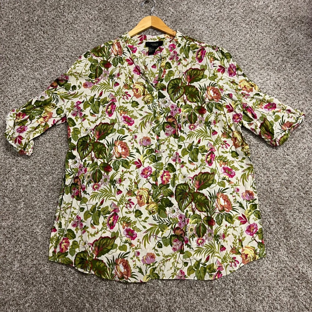 Twiggy London Womens 2X Floral Cotton Tunic Blouse Roll Tab Sleeve Garden Print